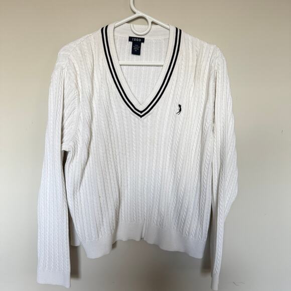 VTG Izod Womens Sweater XL White V Neck Golfing Cricket Old Money Contrast Trim - Picture 1 of 4